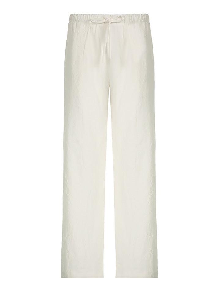 CREAM DRAWSTRING PANTS WITH SOFT STRETCH FABRIC FOR LOOSE FIT