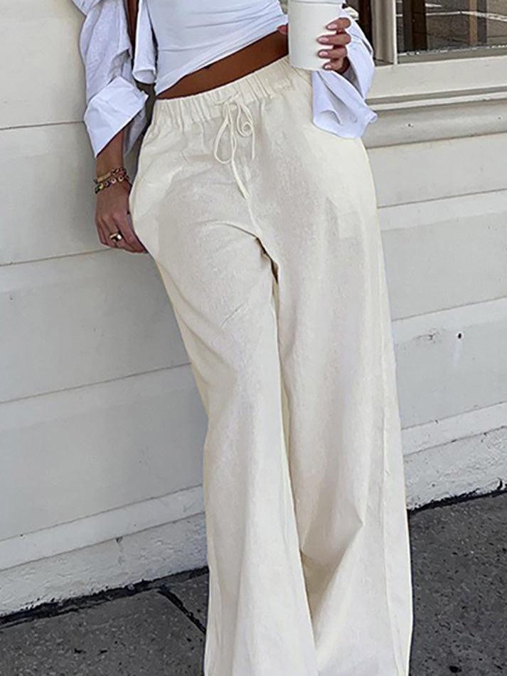 CREAM DRAWSTRING PANTS WITH SOFT STRETCH FABRIC FOR LOOSE FIT
