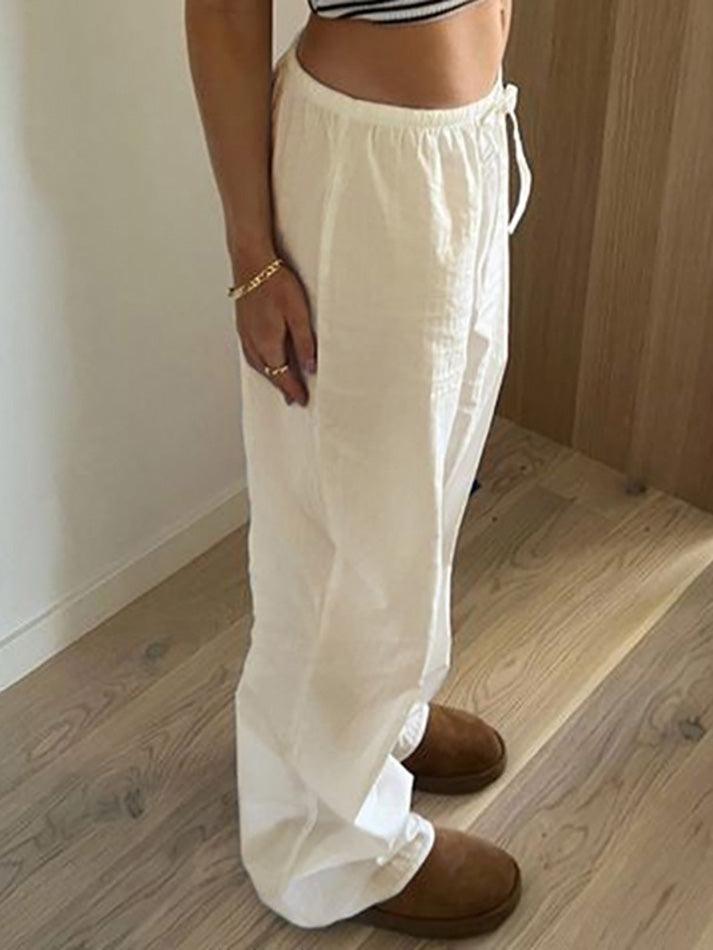 CREAM DRAWSTRING PANTS WITH SOFT STRETCH FABRIC FOR LOOSE FIT