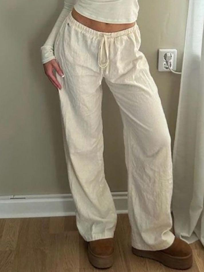CREAM DRAWSTRING PANTS WITH SOFT STRETCH FABRIC FOR LOOSE FIT