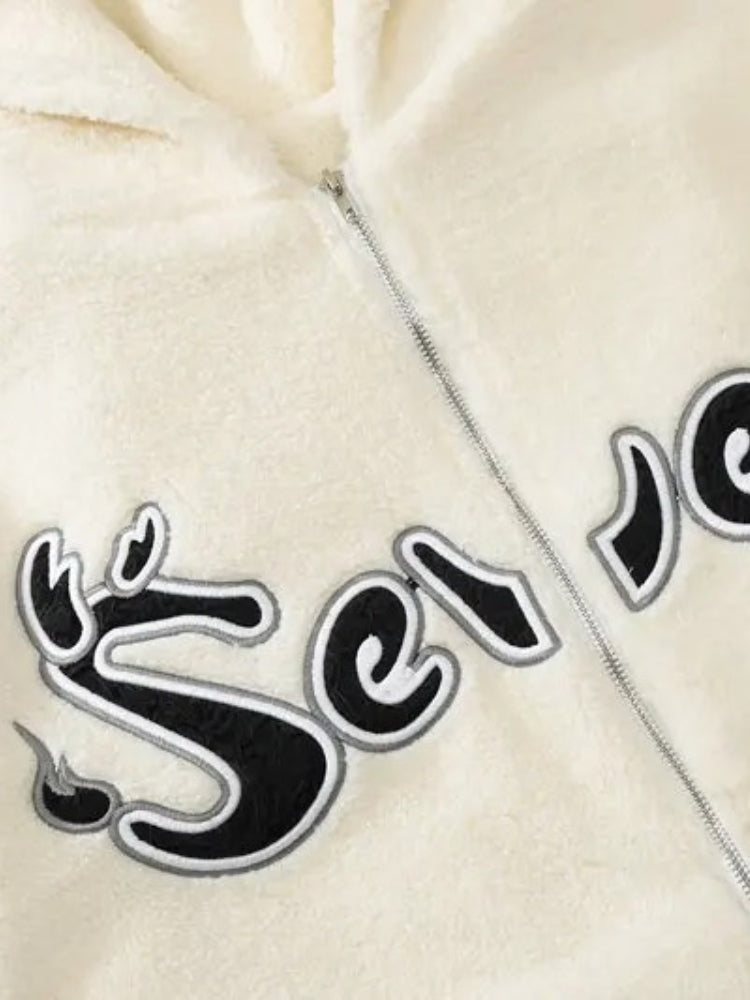 CREAM HOODED JACKET Y2K OVERSIZED STYLE