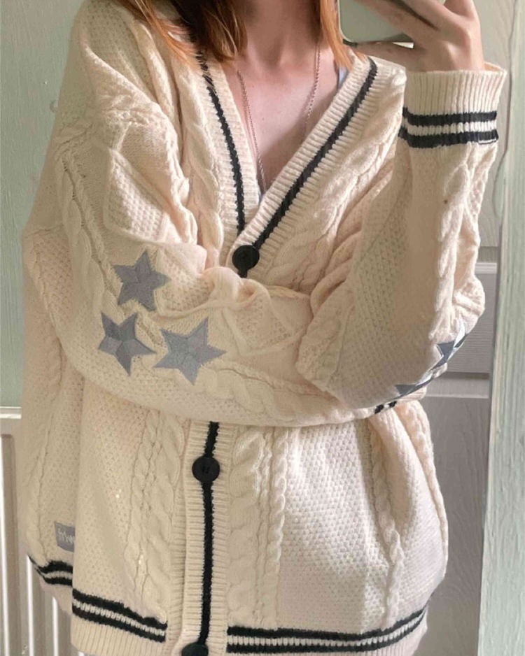 CREAM KNIT CARDIGAN WITH RED STARS FOR WOMEN