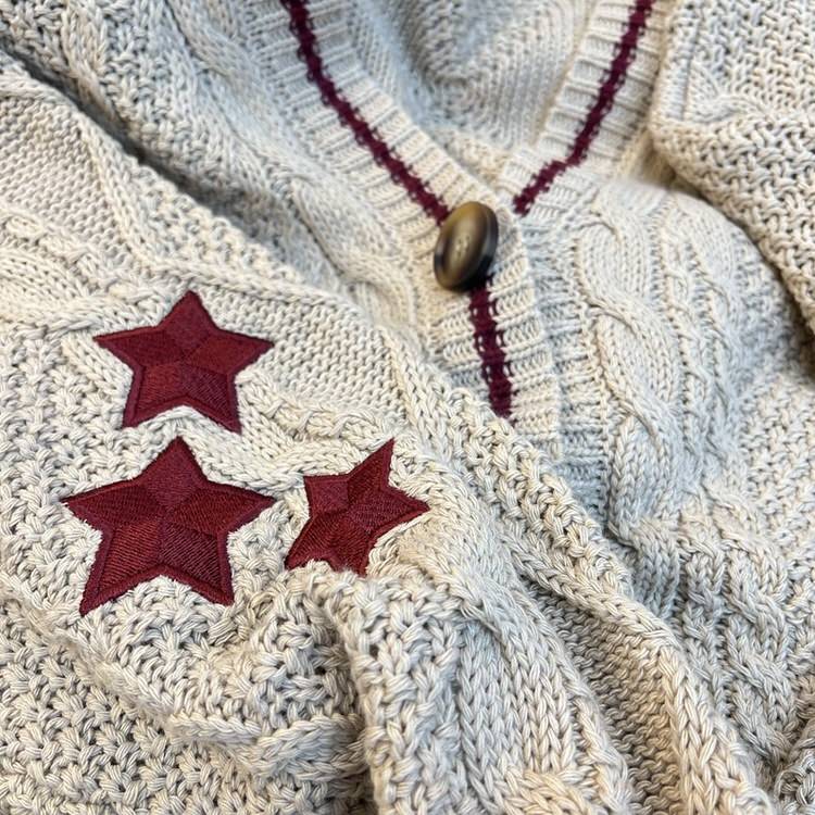 CREAM KNIT CARDIGAN WITH RED STARS FOR WOMEN