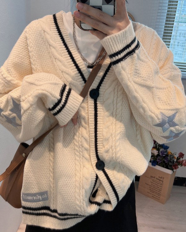 CREAM KNIT CARDIGAN WITH RED STARS FOR WOMEN