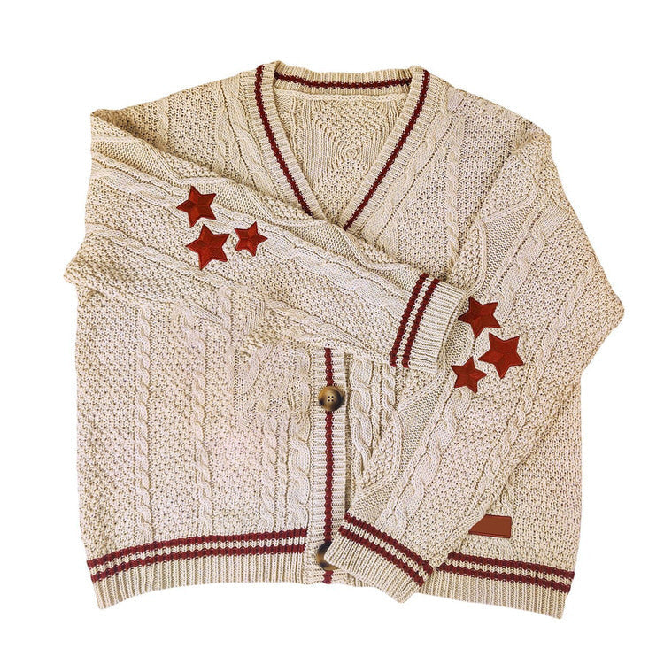CREAM KNIT CARDIGAN WITH RED STARS FOR WOMEN