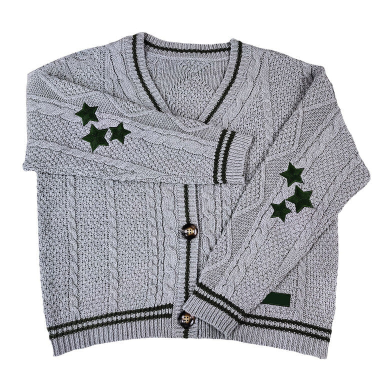CREAM KNIT CARDIGAN WITH RED STARS FOR WOMEN