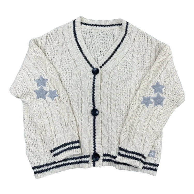 CREAM KNIT CARDIGAN WITH RED STARS FOR WOMEN