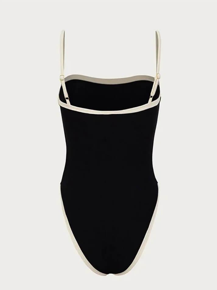 CREAM ONE-PIECE SWIMSUIT WITH BLACK TRIM - CLASSIC SWIMSUIT COMFORTABLE FIT