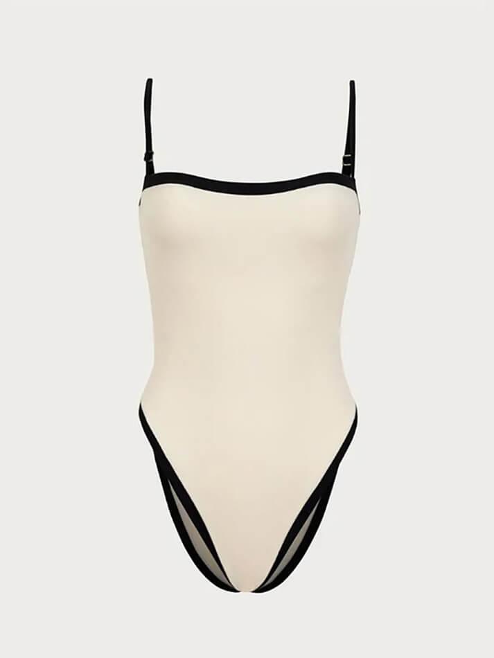 CREAM ONE-PIECE SWIMSUIT WITH BLACK TRIM - CLASSIC SWIMSUIT COMFORTABLE FIT
