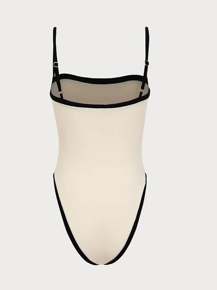 CREAM ONE-PIECE SWIMSUIT WITH BLACK TRIM - CLASSIC SWIMSUIT COMFORTABLE FIT