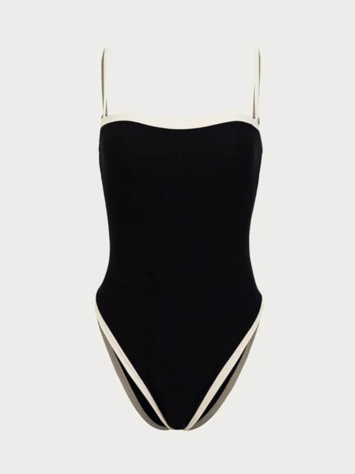 CREAM ONE-PIECE SWIMSUIT WITH BLACK TRIM - CLASSIC SWIMSUIT COMFORTABLE FIT