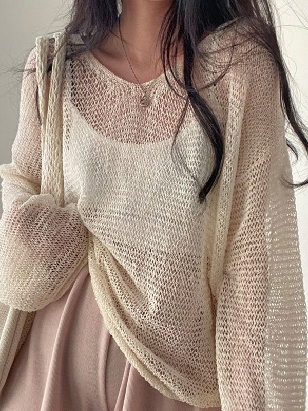 CREAM OVERSIZED LONG SLEEVE CROCHET KNIT SWEATER