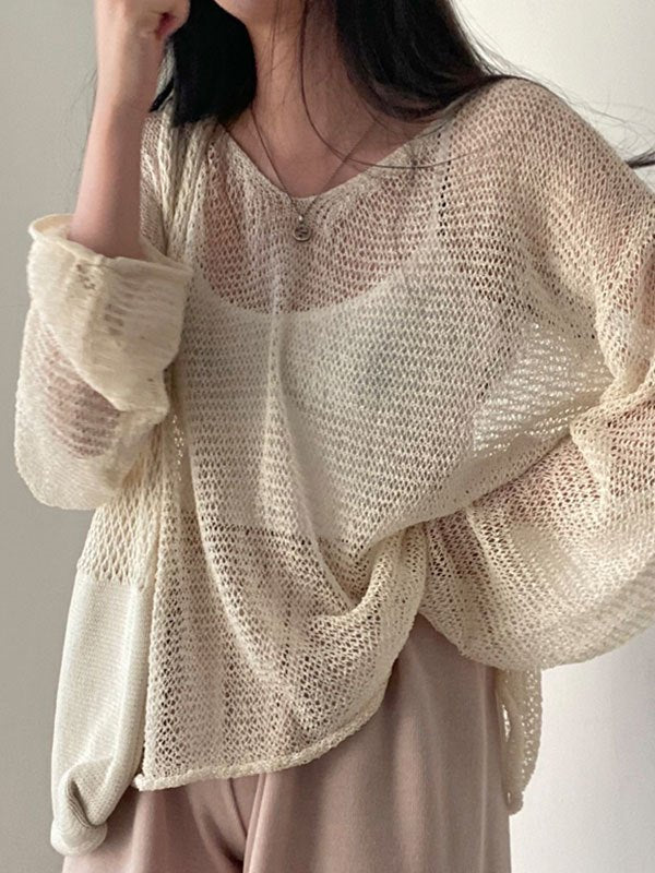 CREAM OVERSIZED LONG SLEEVE CROCHET KNIT SWEATER