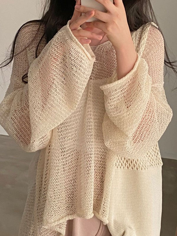 CREAM OVERSIZED LONG SLEEVE CROCHET KNIT SWEATER