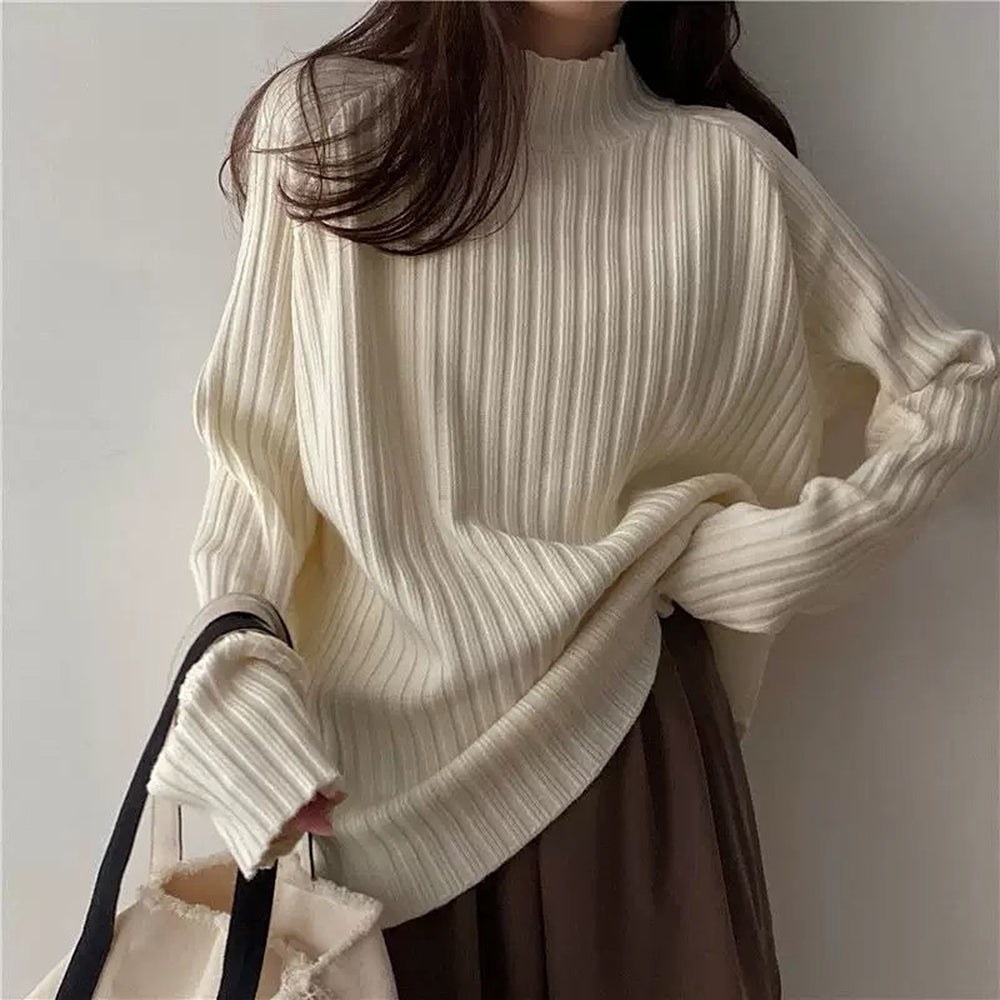 CREAM RIBBED KNIT SWEATER CLASSIC KNIT SWEATER