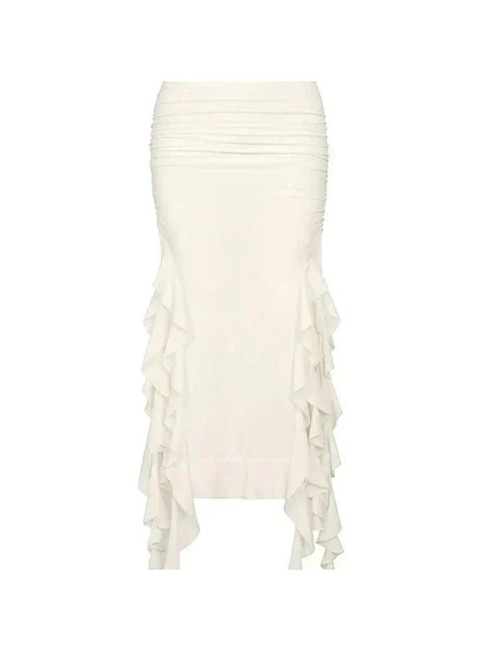 CREAM RUFFLED SKIRT WITH BROWN HEELED BOOTS JELLYFISH LACE PLEATED