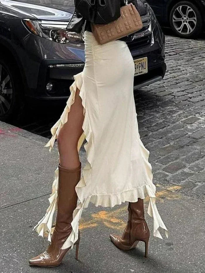 CREAM RUFFLED SKIRT WITH BROWN HEELED BOOTS JELLYFISH LACE PLEATED