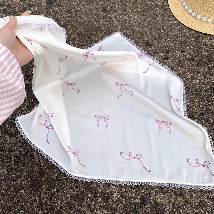 CREAM SILK SCARF WITH PINK BOW PATTERN AND LACE TRIM