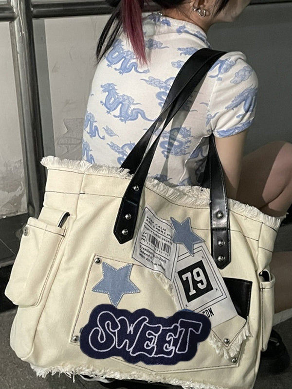 CREAM TOTE BAG WITH BLACK STRAPS AND EMBROIDERED STAR Y2K STYLE