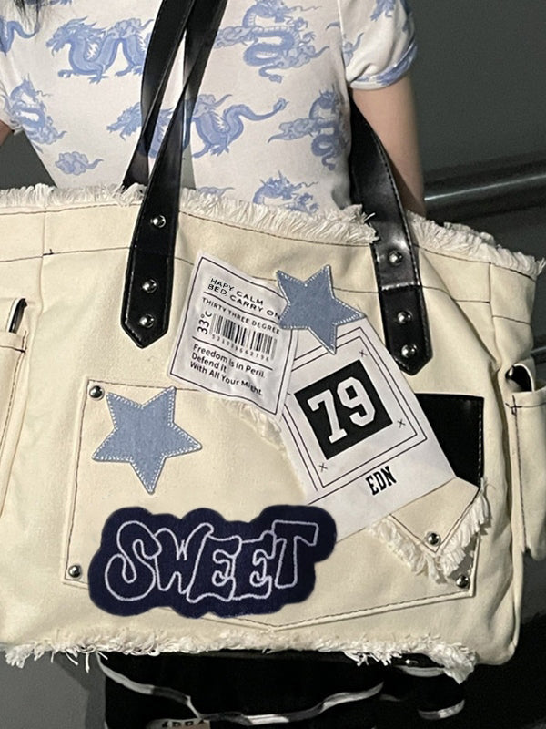 CREAM TOTE BAG WITH BLACK STRAPS AND EMBROIDERED STAR Y2K STYLE