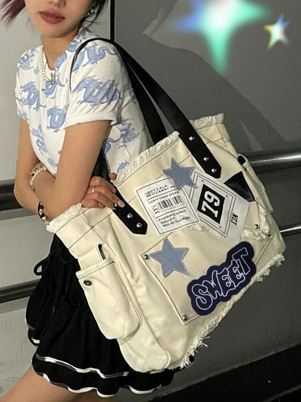 CREAM TOTE BAG WITH BLACK STRAPS AND EMBROIDERED STAR Y2K STYLE