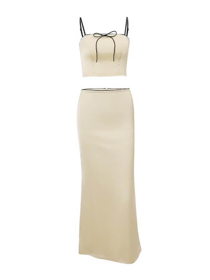CREAM TWO-PIECE DRESS WITH BLACK TRIM - TRENDY SLIM FIT Y2K STYLE