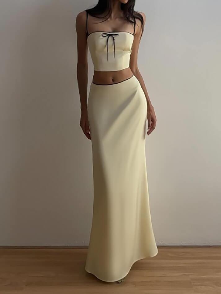 CREAM TWO-PIECE DRESS WITH BLACK TRIM - TRENDY SLIM FIT Y2K STYLE
