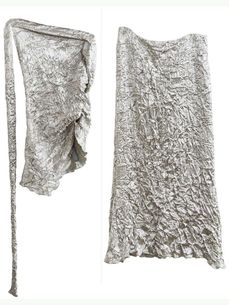 CRINKLED SILVER HALTER DRESS TWO PIECE CRUMPLED TWO