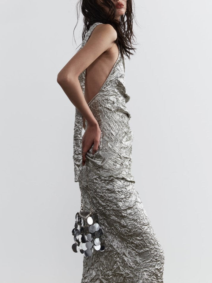 CRINKLED SILVER HALTER DRESS TWO PIECE CRUMPLED TWO
