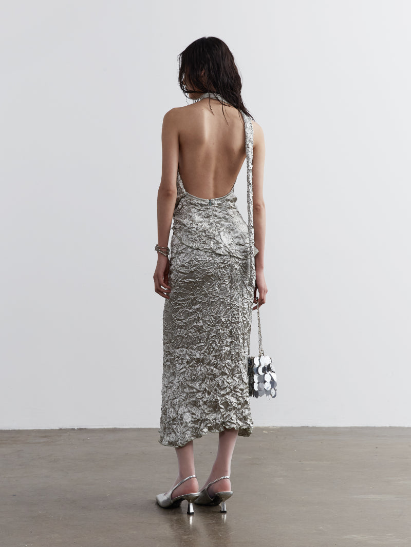 CRINKLED SILVER HALTER DRESS TWO PIECE CRUMPLED TWO