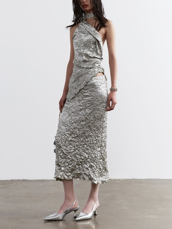 CRINKLED SILVER HALTER DRESS TWO PIECE CRUMPLED TWO
