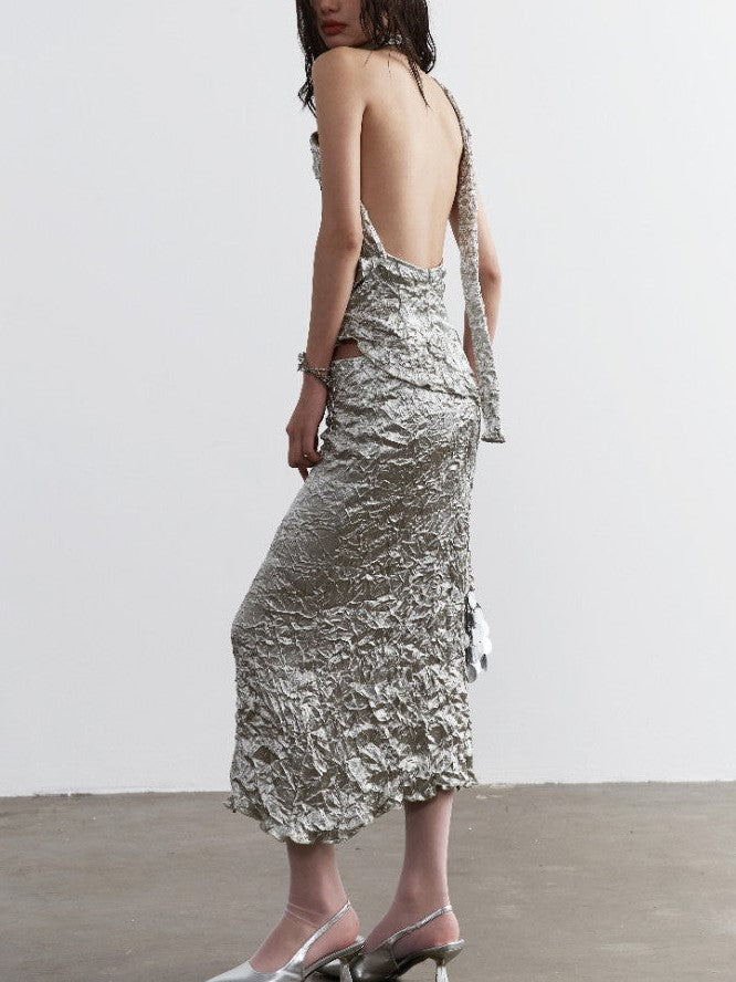 CRINKLED SILVER HALTER DRESS TWO PIECE CRUMPLED TWO