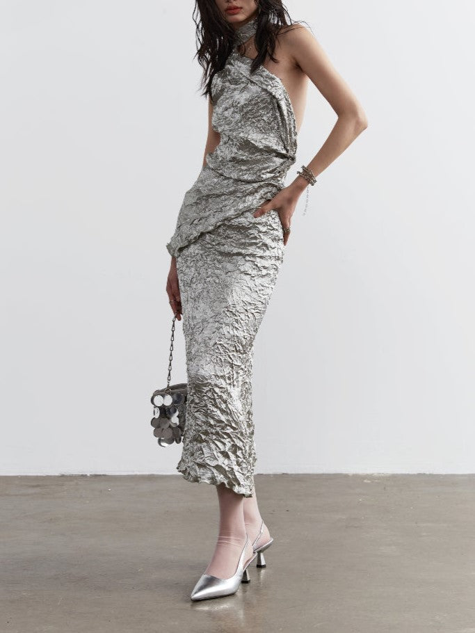 CRINKLED SILVER HALTER DRESS TWO PIECE CRUMPLED TWO