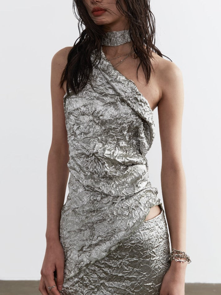 CRINKLED SILVER HALTER DRESS TWO PIECE CRUMPLED TWO