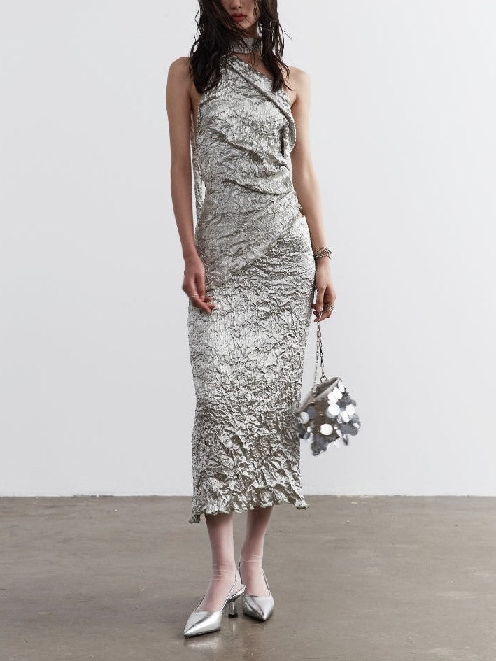 CRINKLED SILVER HALTER DRESS TWO PIECE CRUMPLED TWO