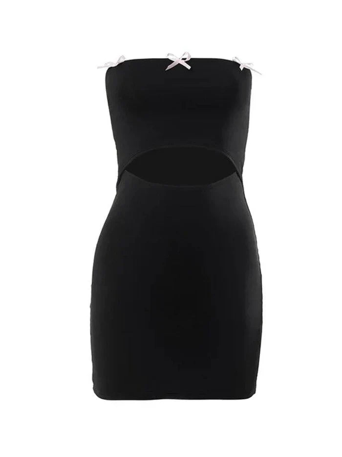 CUTOUT DESIGN BLACK STRAPLESS MINI DRESS - SLIM FIT Y2K STYLE