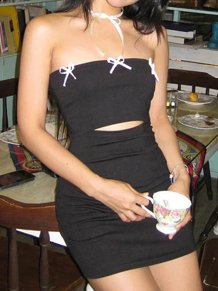 CUTOUT DESIGN BLACK STRAPLESS MINI DRESS - SLIM FIT Y2K STYLE
