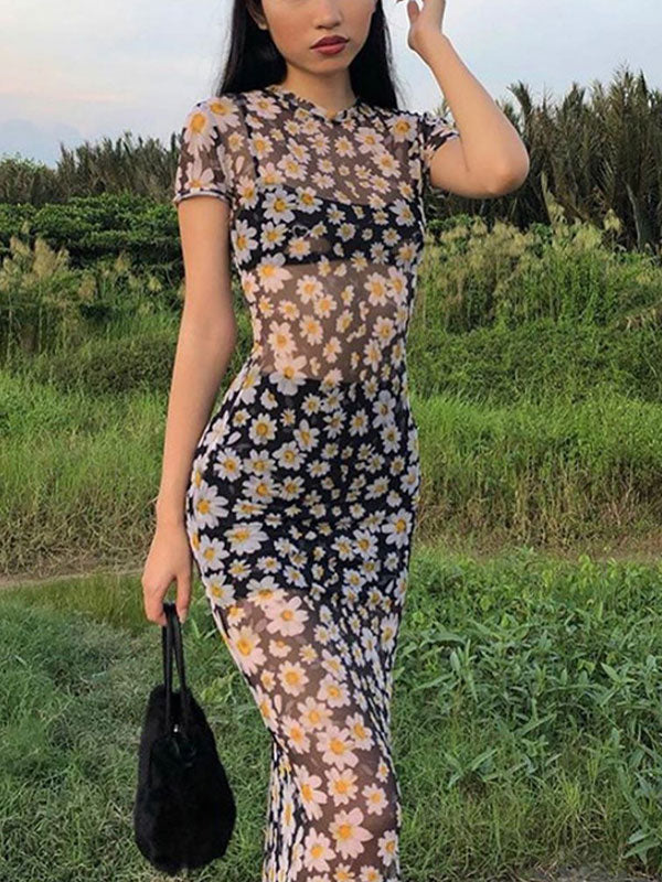 DAISY-PATTERNED MAXI DRESS WITH SLIM FIT AND ROUND NECK