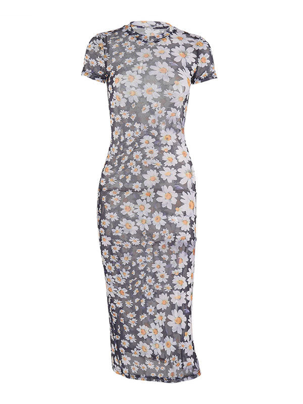 DAISY-PATTERNED MAXI DRESS WITH SLIM FIT SHORT SLEEVES
