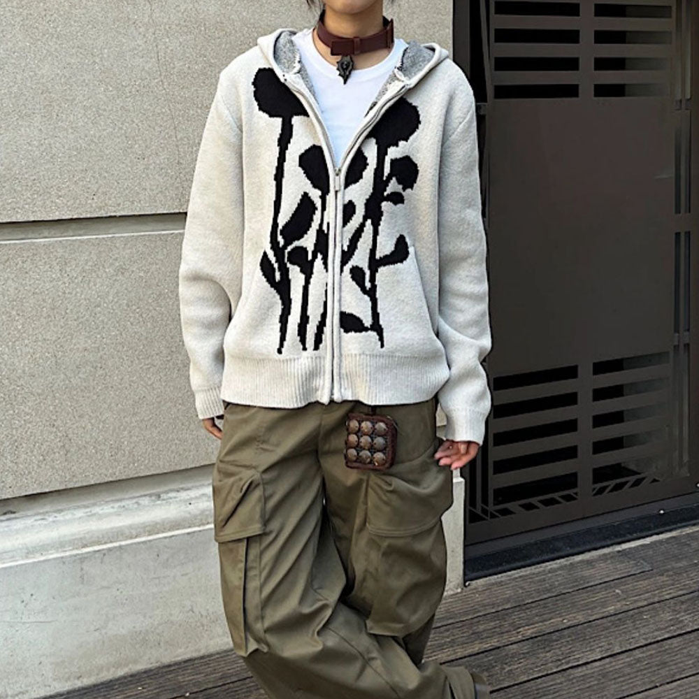 DARK BLOOM KNIT HOODIE FLORAL KNIT HOODIE