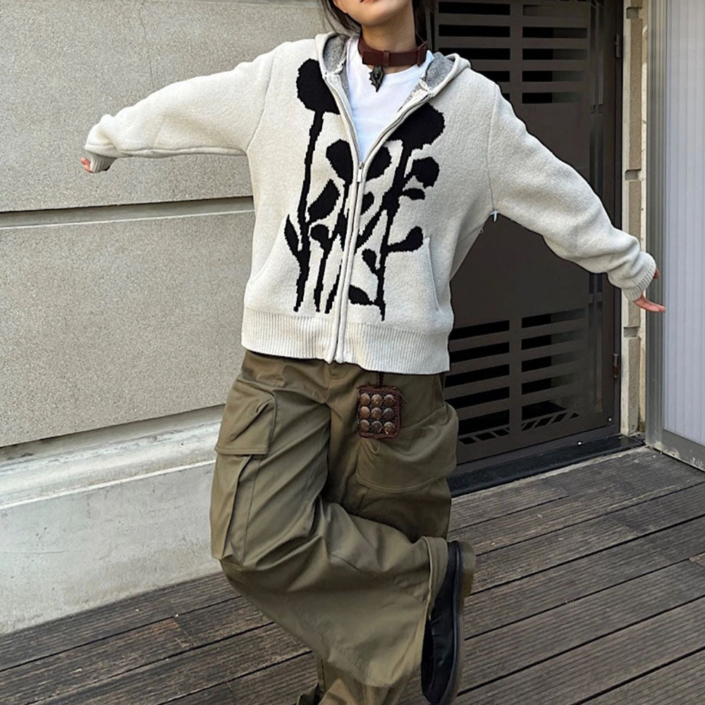 DARK BLOOM KNIT HOODIE FLORAL KNIT HOODIE