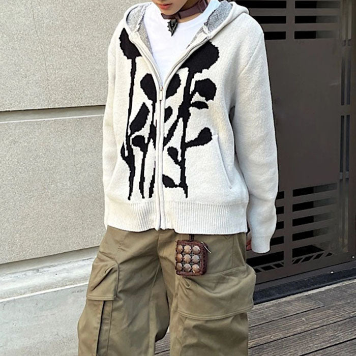 DARK BLOOM KNIT HOODIE FLORAL KNIT HOODIE