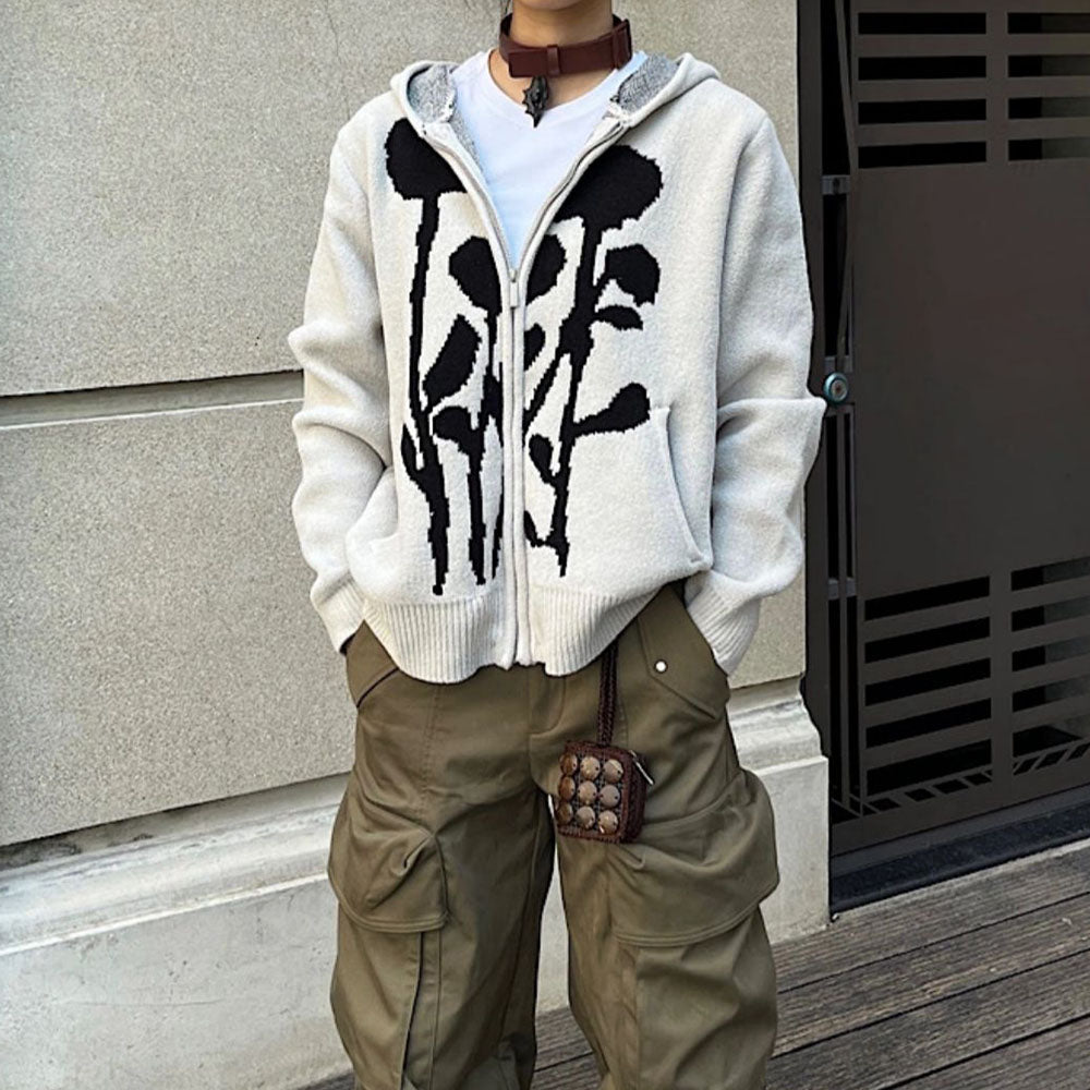 DARK BLOOM KNIT HOODIE FLORAL KNIT HOODIE