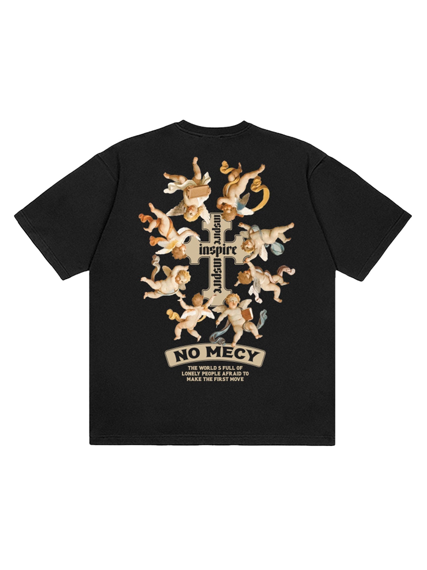 DARK BLUE T-SHIRT WITH CHERUB GRAPHIC AND ANGEL CROSS PRINT