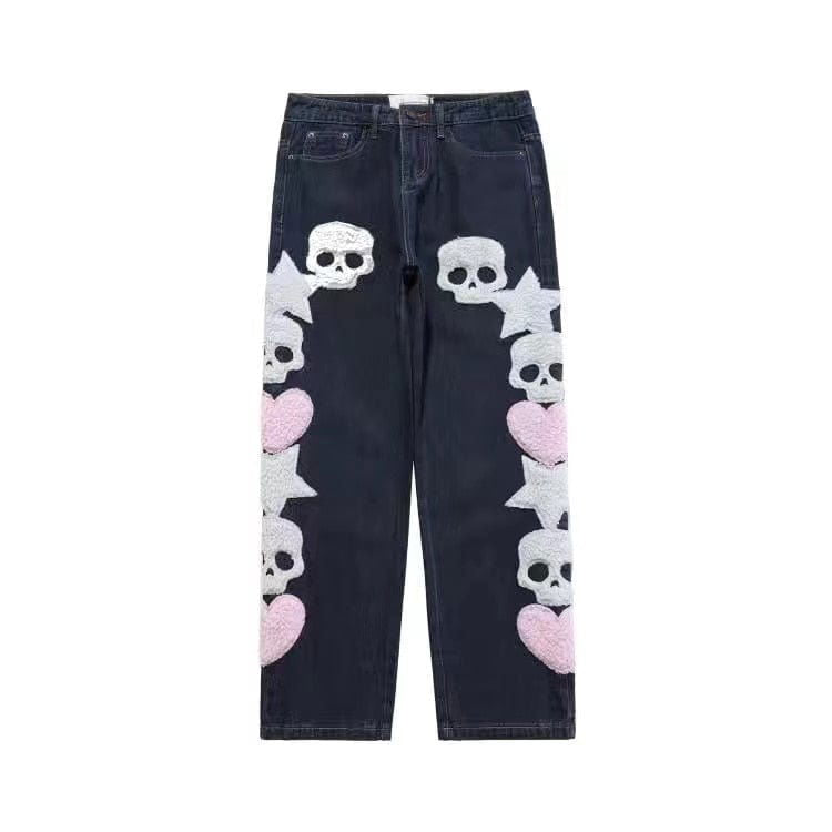 DARK DENIM JEANS WITH LOVELY SKULLS EMBELLISHMENTS
