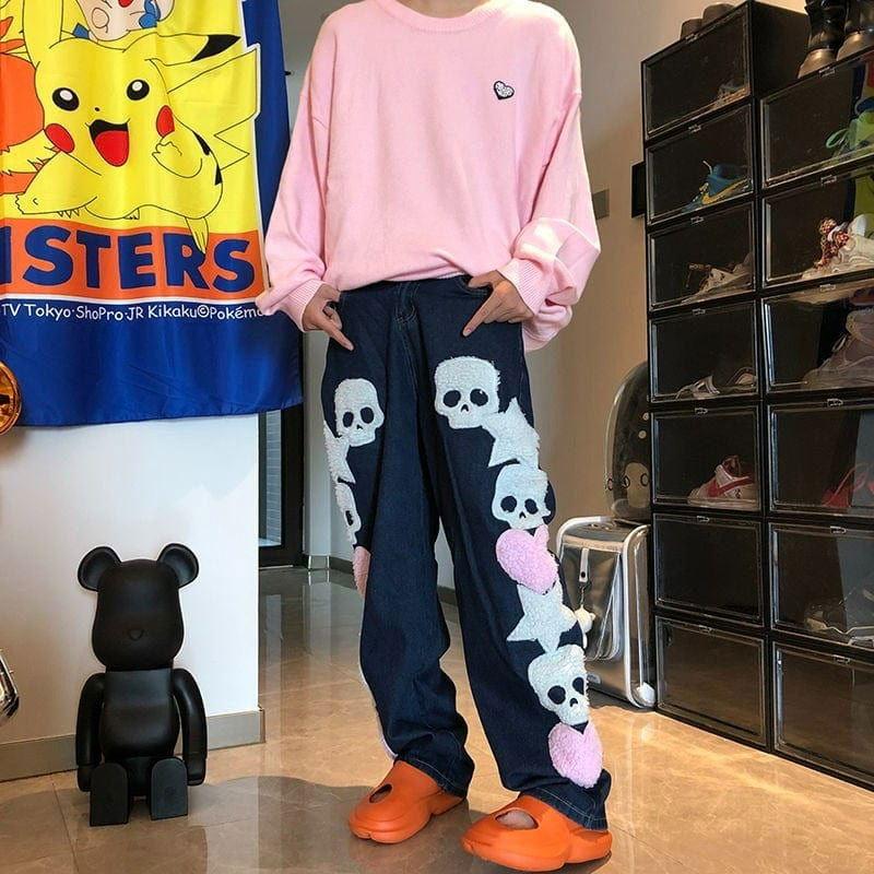 DARK DENIM JEANS WITH LOVELY SKULLS EMBELLISHMENTS