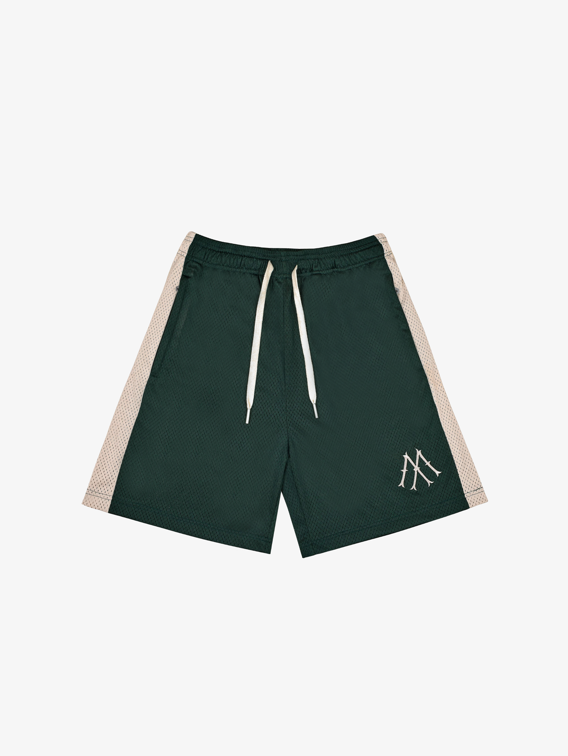 DARK GREEN ATHLETIC SHORTS WITH CREAM STRIPE FOR LUXURY STREETWEAR