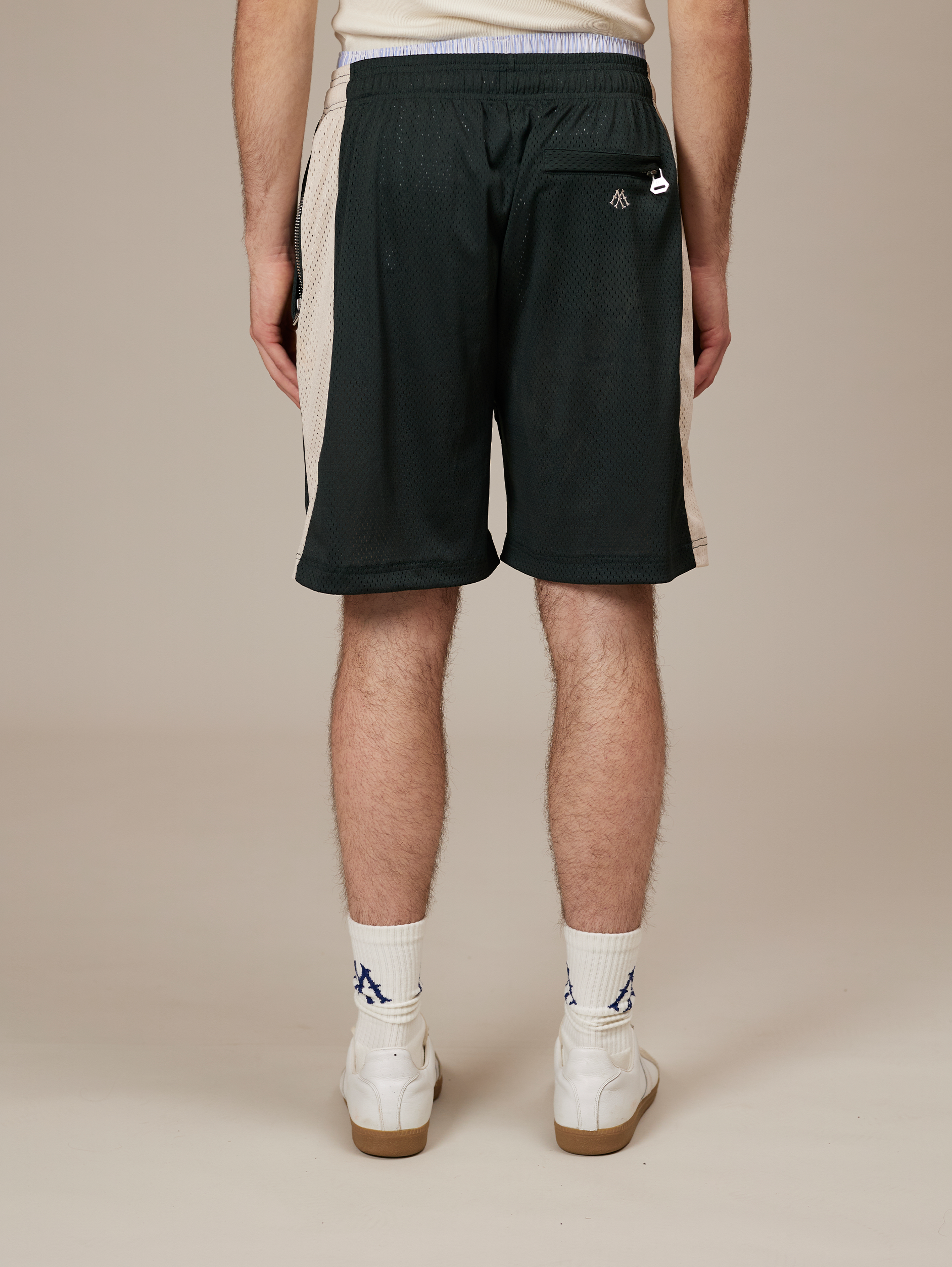 DARK GREEN ATHLETIC SHORTS WITH CREAM STRIPE FOR LUXURY STREETWEAR