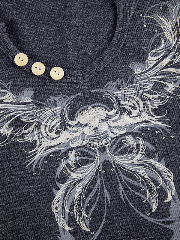 DARK LONG-SLEEVED CROP TOP WITH VINTAGE WING GRAPHIC DESIGN