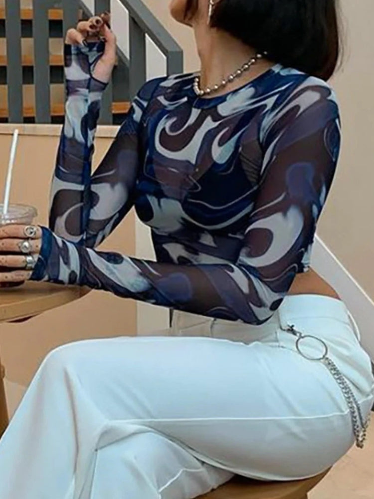 BLUE AND WHITE PATTERNED MESH CROP TOP